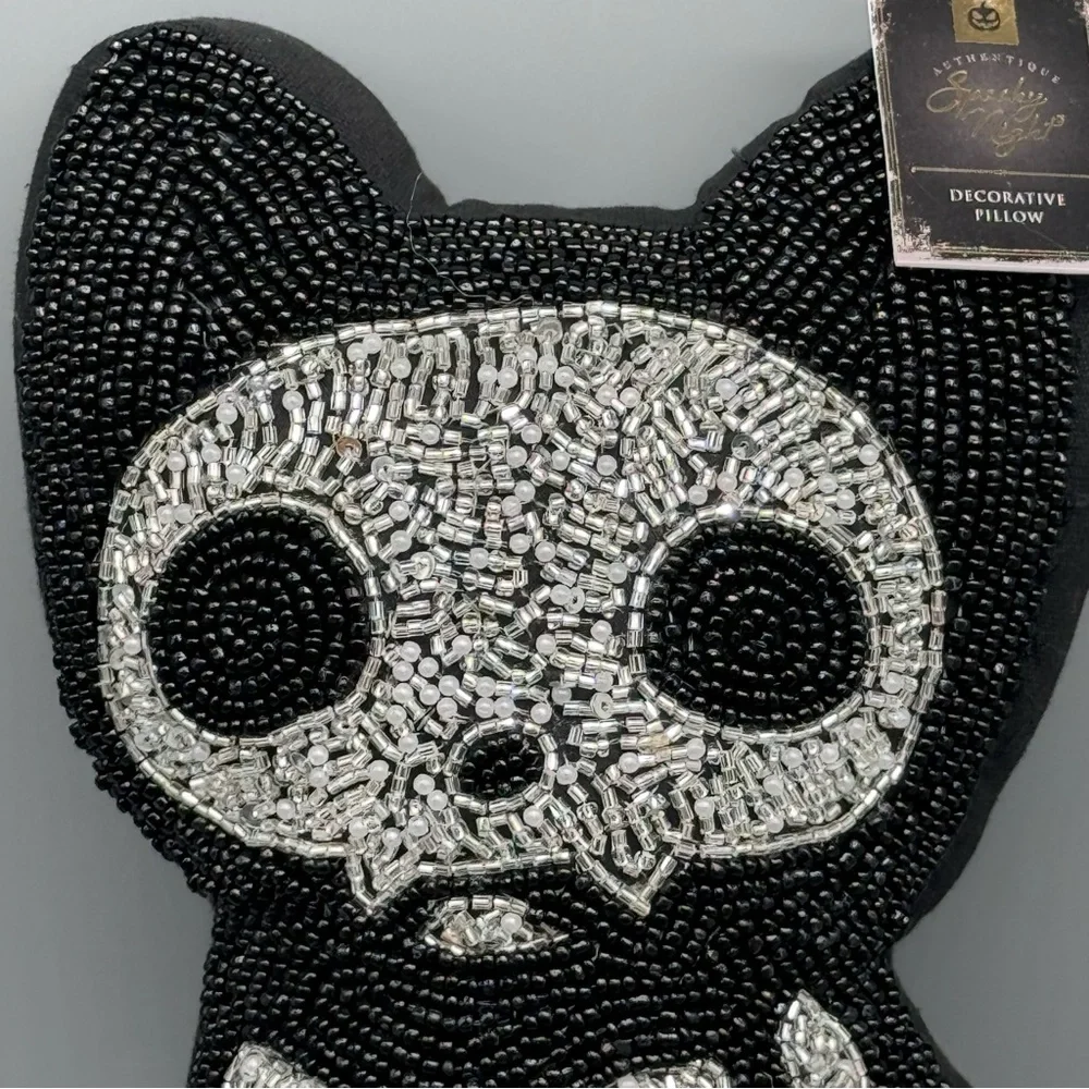 Spooky Night Halloween Skeleton Black Cat Beaded Throw Pillow Day of Dead Decor